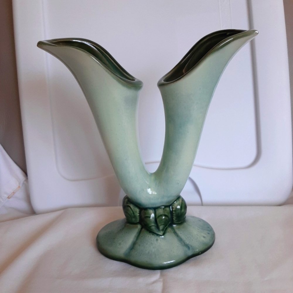 Flower Vase Ceramic Vintage HULL Green Glazed